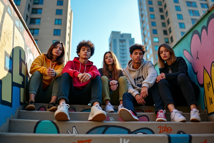 Groupe de jeunes en streetwear dans une ambiance urbaine dynamique