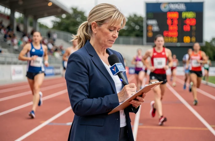 Journaliste sportive couvrant une compétition d'athlétisme en direct sur le terrain