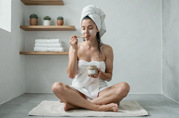 Jeune femme appliquant un masque hydratant dans une salle de bain scandinave dans le cadre de sa routine beauté naturelle