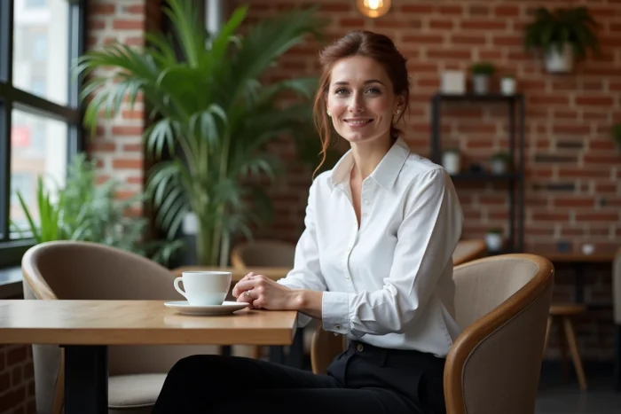 Femme élégante assise dans un café, dans un contexte évoquant la vie privée et familiale autour de Meadow Walker