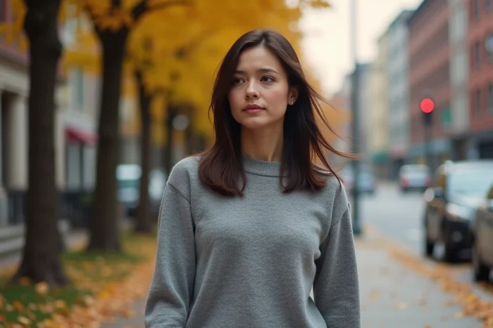 Femme brune marchant en ville en automne, illustrant la discrétion et la vie familiale autour de la fille de Paul Walker