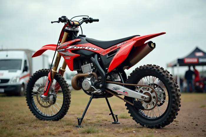Moto 125cc cross homologuée 2025 stationnée dans le paddock d'un événement motocross