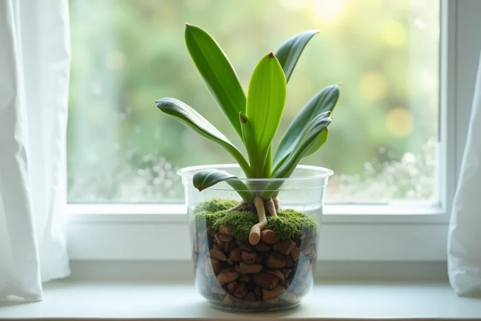 Nouvelles racines aériennes d'une orchidée en reprise dans un pot transparent sur un rebord de fenêtre