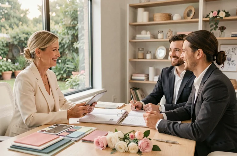 Organisatrice de mariage en réunion de consultation avec un couple dans un studio de planification élégant