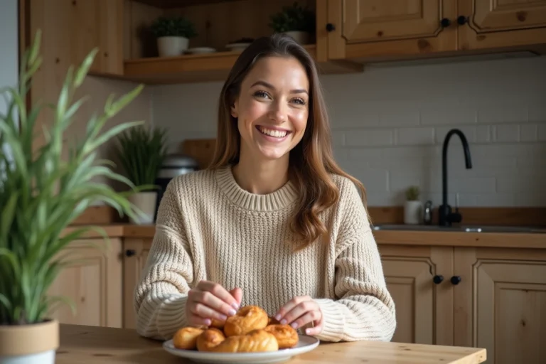 Femme souriante préparant des pâtisseries maison dans une cuisine chaleureuse