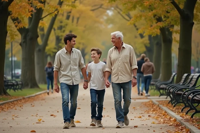 Père et ses enfants adultes se promenant dans un parc parisien en automne, illustrant les liens familiaux et la vie de famille d'un personnage public français
