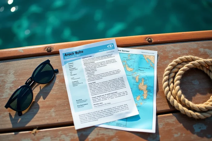 Permis bateau français et documents maritimes australiens posés sur le pont d'un voilier