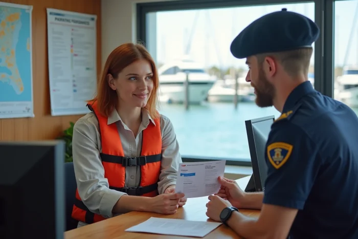 Femme présentant son permis bateau français à un bureau de marina en Australie