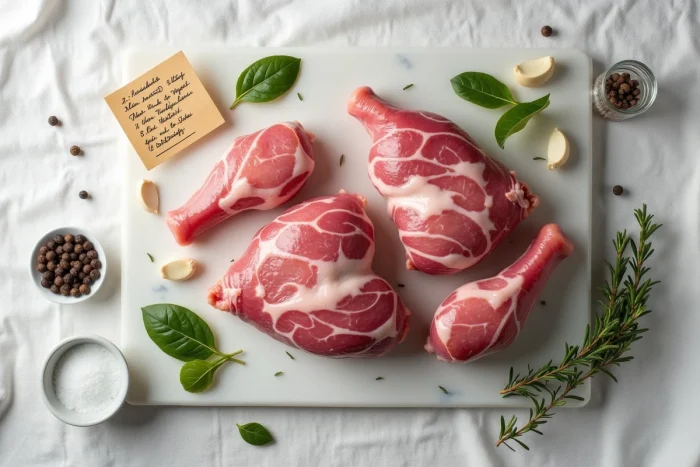 Pieds de porc crus et herbes aromatiques préparés pour une recette de bouillon riche en collagène