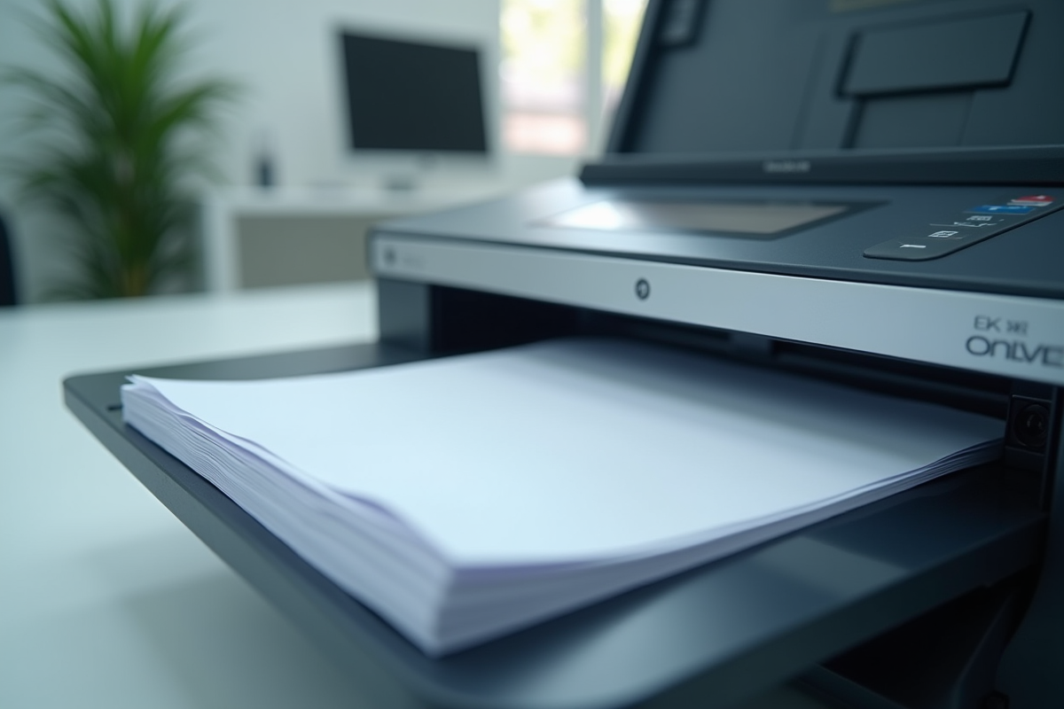Gros plan sur des papiers empiles dans un scanner rapide