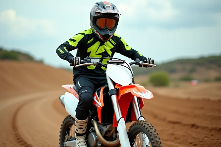 Jeune pilote en tenue motocross sur une moto 125cc cross homologuée 2025 sur circuit dirt