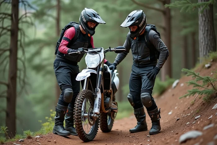 Deux pilotes adultes en équipement motocross inspectant une 125cc cross homologuée en forêt