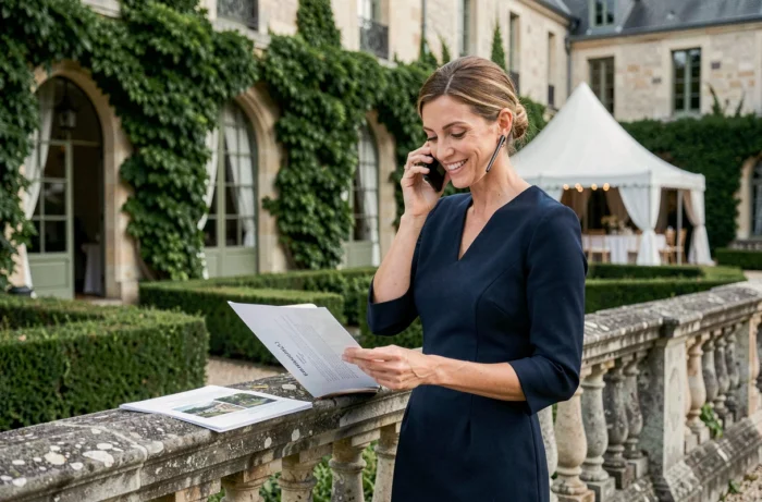 Planificatrice de mariage passant un appel téléphonique dans un jardin de château pour coordonner un événement
