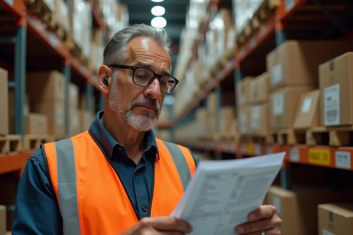 Portrait d'un préparateur de commande Amazon de nuit tenant une liste de picking devant des étagères de colis