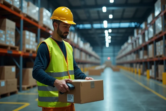Préparateur de commande de nuit scannant des colis dans un entrepôt Amazon avec des étagères chargées en arrière-plan