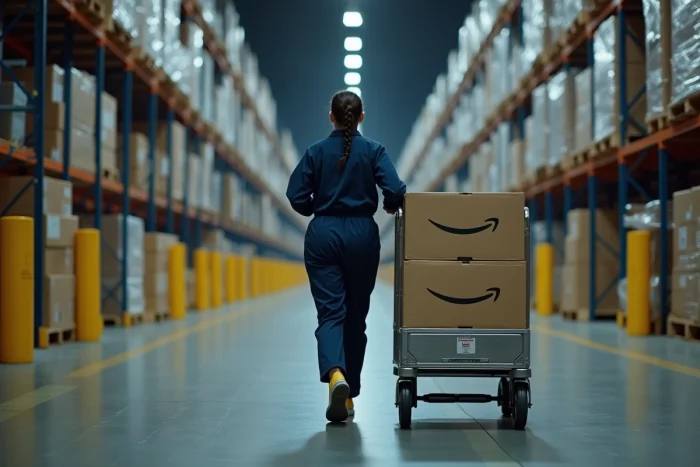 Préparatrice de commande poussant un chariot de colis Amazon dans un grand entrepôt logistique de nuit