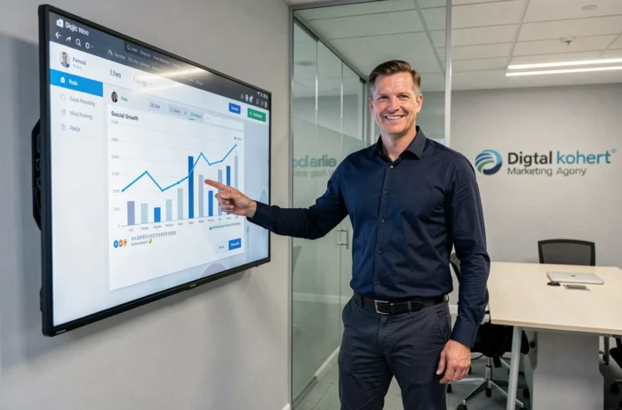 Un professionnel du marketing digital présente une stratégie de croissance en ligne lors d'une réunion d'entreprise
