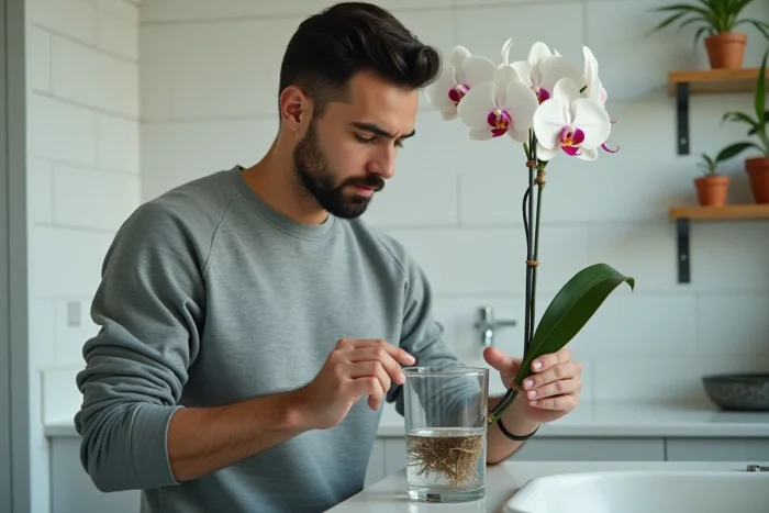 Homme réhydratant les racines d'une orchidée dans un verre d'eau pour relancer sa croissance