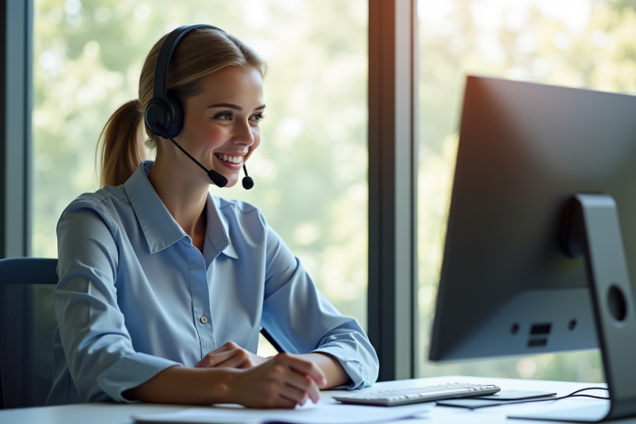 Représentant service client avec casque souriant au bureau