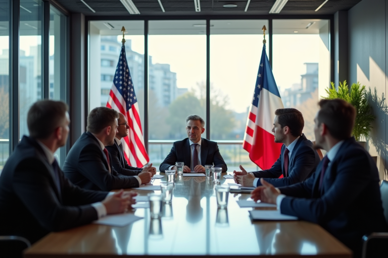 Réunion d'affaires en France avec drapeaux France et USA