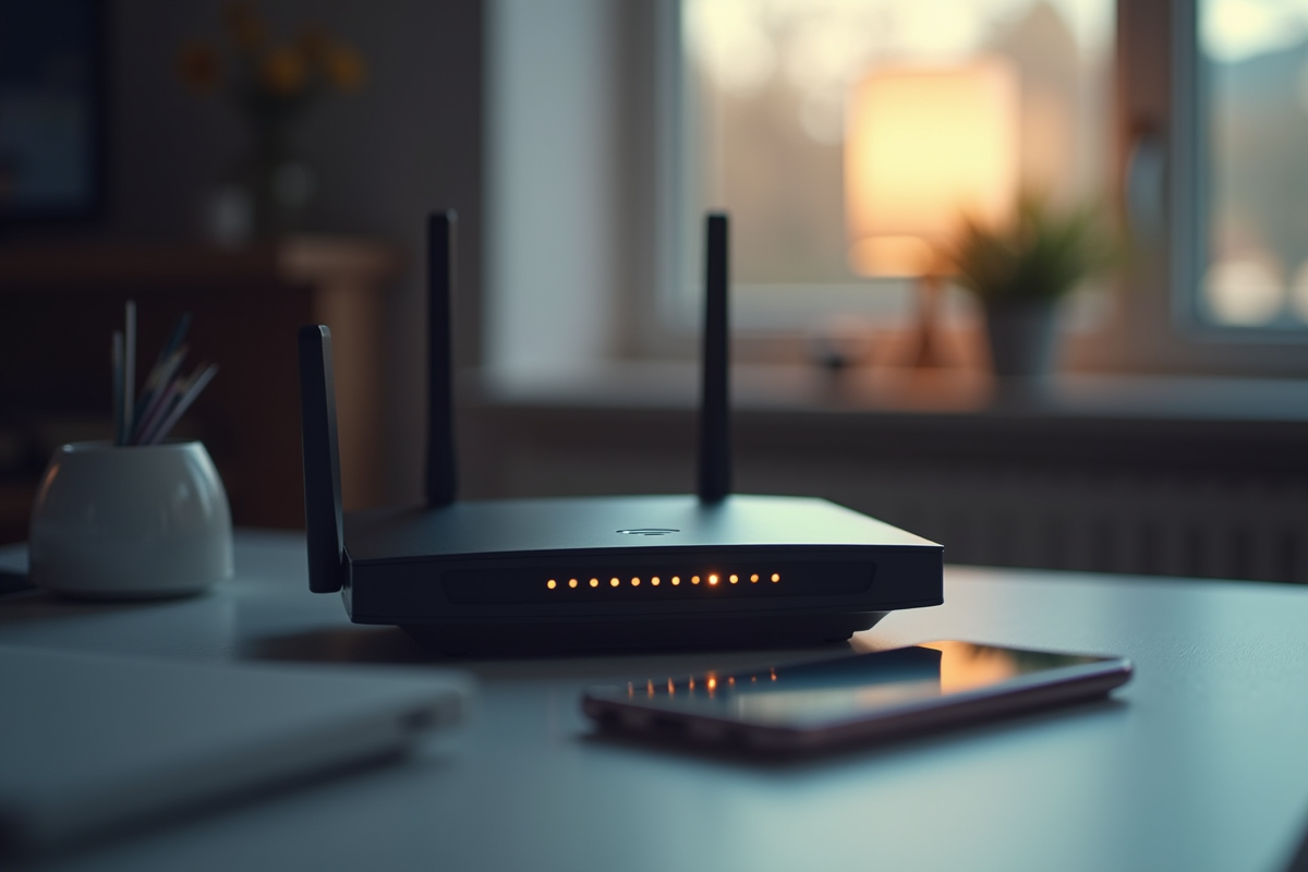Routeur WiFi et smartphone sur un bureau lumineux