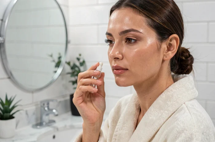 Femme appliquant un sérum visage dans sa salle de bain pour sublimer son éclat naturel