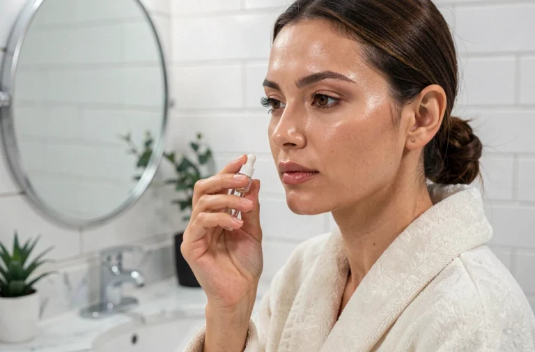 Femme appliquant un sérum visage dans sa salle de bain pour sublimer son éclat naturel