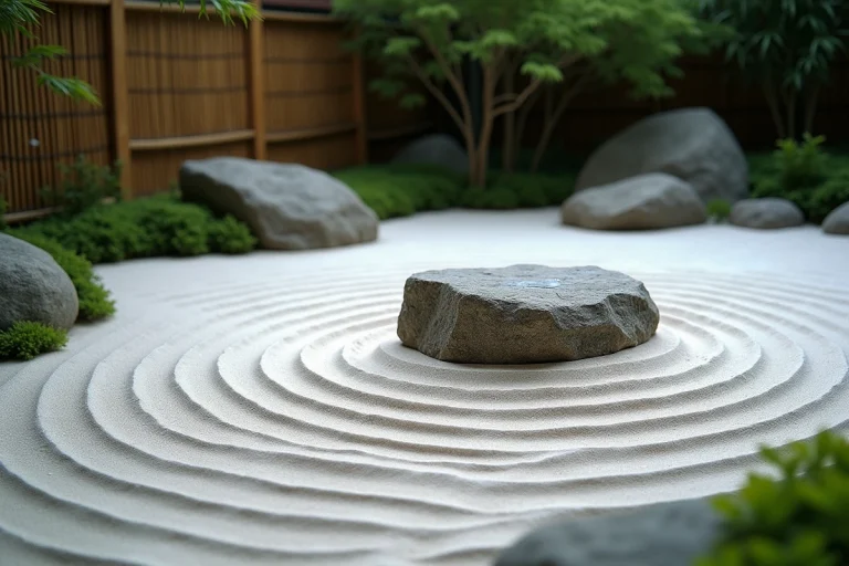 Jardin zen japonais avec sable blanc ratissé en motifs circulaires autour d'une pierre de granit, entouré de mousse et d'une clôture en bambou