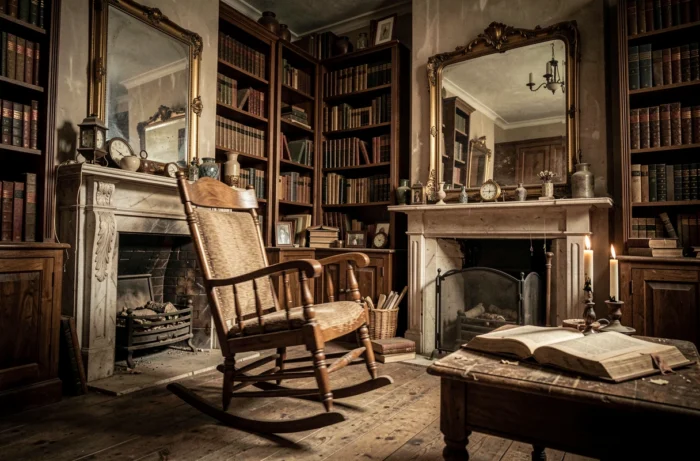 Salon antique avec un fauteuil à bascule en mouvement et un miroir ornementé reflétant la pièce, ambiance paranormale et mystérieuse dans une maison ancienne