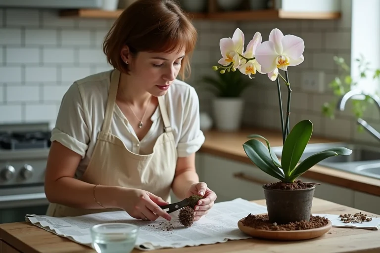 Femme qui taille les racines mortes d'une orchidée fanée sur une table en bois pour la faire repartir
