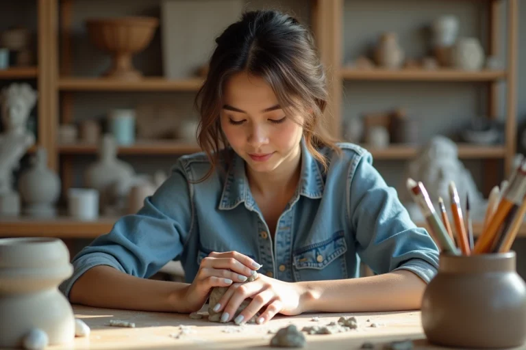 Jeune femme façonnant une sculpture en argile dans un atelier d'art lumineux