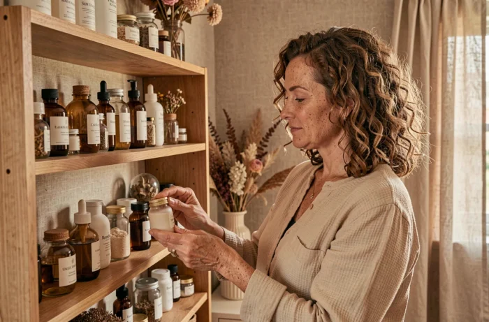 Femme choisissant ses produits de soin naturels sur une étagère en bois pour une routine beauté personnalisée