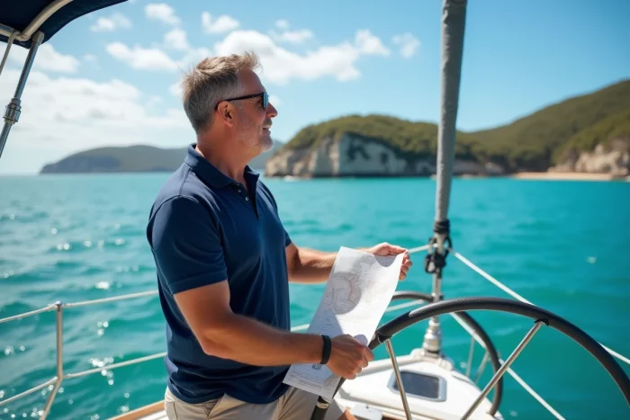 Skipper tenant une carte marine à la barre d'un voilier sur les eaux côtières australiennes