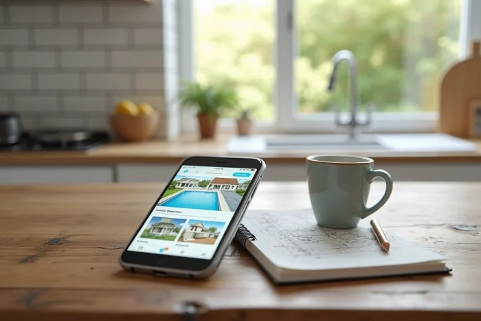 Smartphone affichant Angie Sweet Home posé sur une table avec des notes manuscrites pour décrocher le manoir du lac