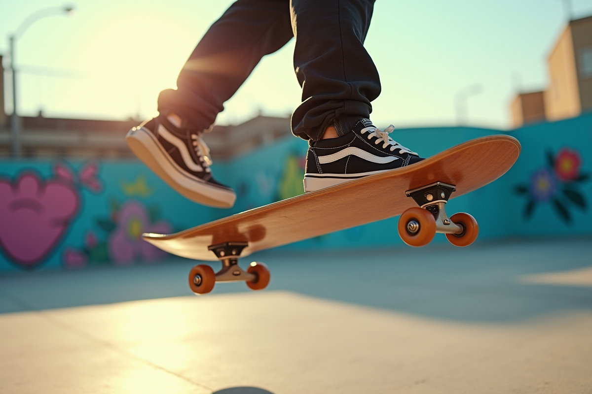 Détail de sneakers de skateur en pleine figure dans un skatepark ensoleille