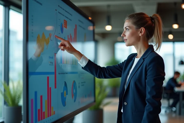 Femme professionnelle présentant une stratégie marketing sur un écran numérique dans un bureau moderne