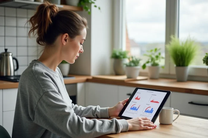 Femme consultant ses données de santé personnelles sur une tablette à la maison pour un suivi autonome de sa santé