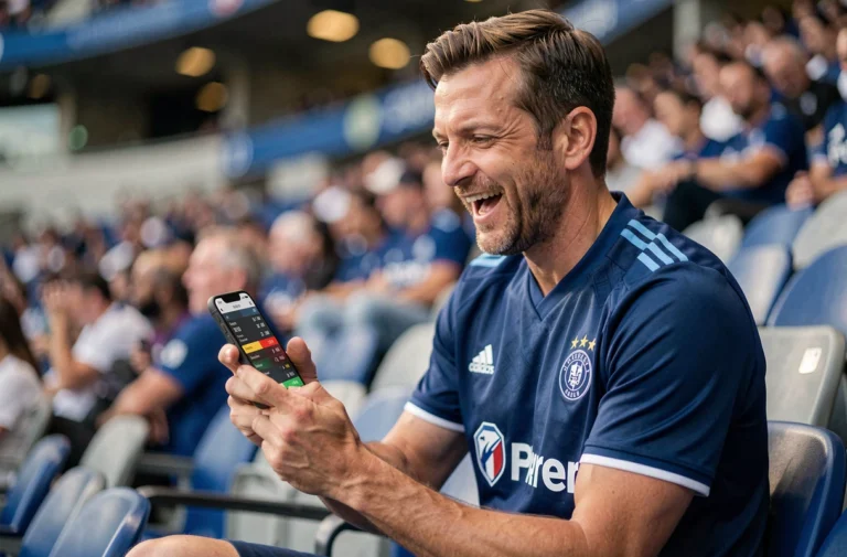 Supporter passionné consultant les résultats sportifs en temps réel sur son smartphone dans un stade