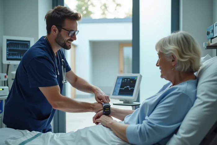 Infirmier installant un dispositif de surveillance médicale continue sur une patiente âgée dans une chambre d'hôpital moderne