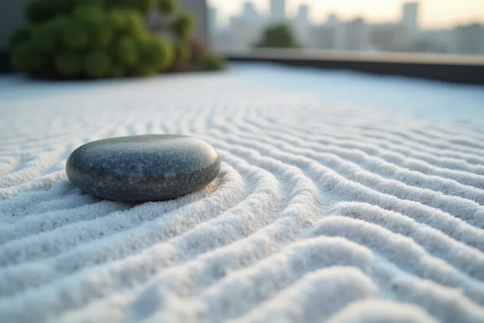Vue au ras du sable ratissé d'un jardin japonais urbain en toiture, avec une pierre noire lisse posée selon l'esthétique wabi-sabi