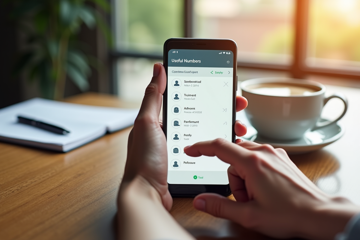 Main composant un numéro sur smartphone avec carnet et café