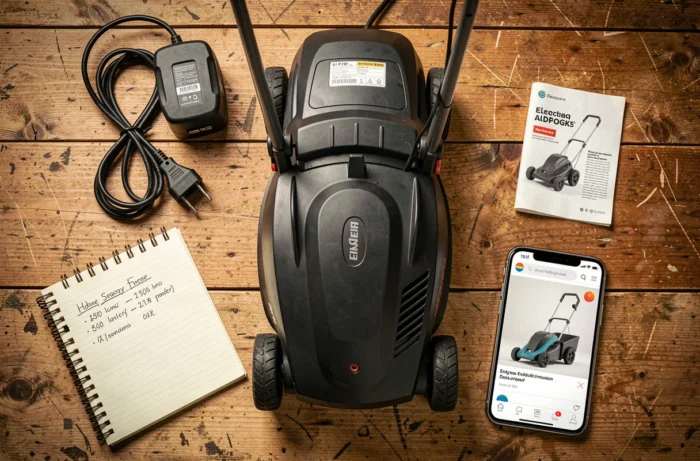 Vue du dessus d'une tondeuse électrique sans fil avec batterie, chargeur et notes de prix sur une table en bois