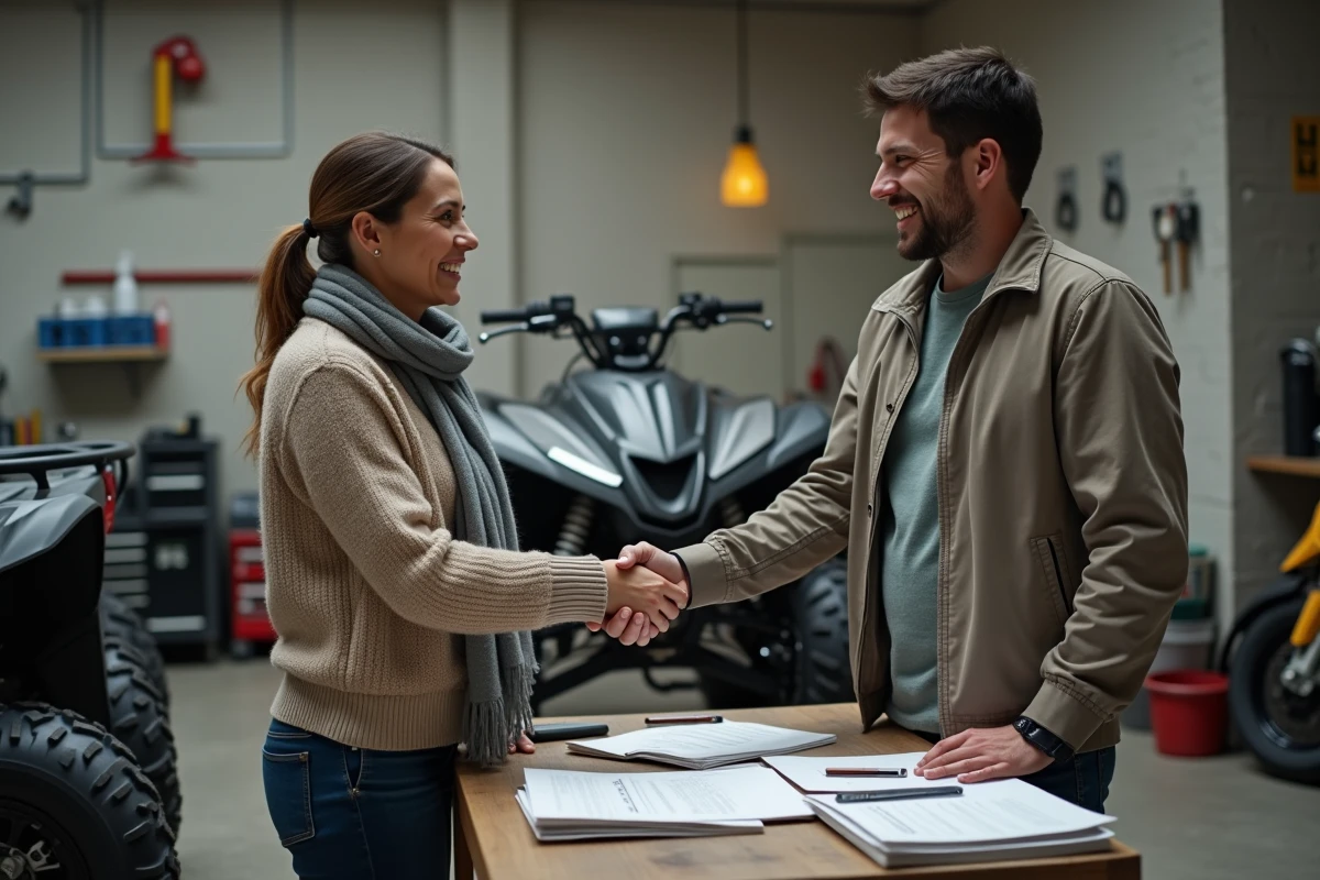 Femme et homme échangeant un quad en garage urbain