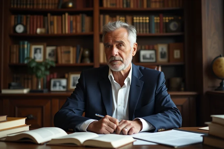 Portrait d'un homme distingué dans son bureau personnel entouré de livres et de photos de famille, illustrant la vie privée et familiale d'un intellectuel français