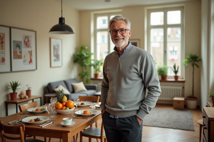 Homme en tenue décontractée dans une cuisine familiale parisienne avec table dressée et dessins d'enfants au mur, évoquant la vie quotidienne et familiale