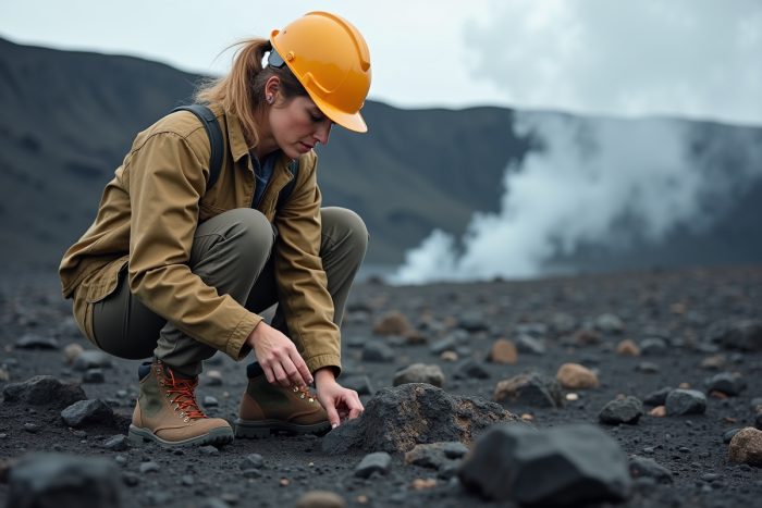 Femme volcanologue examinant des minéraux sur un paysage volcanique
